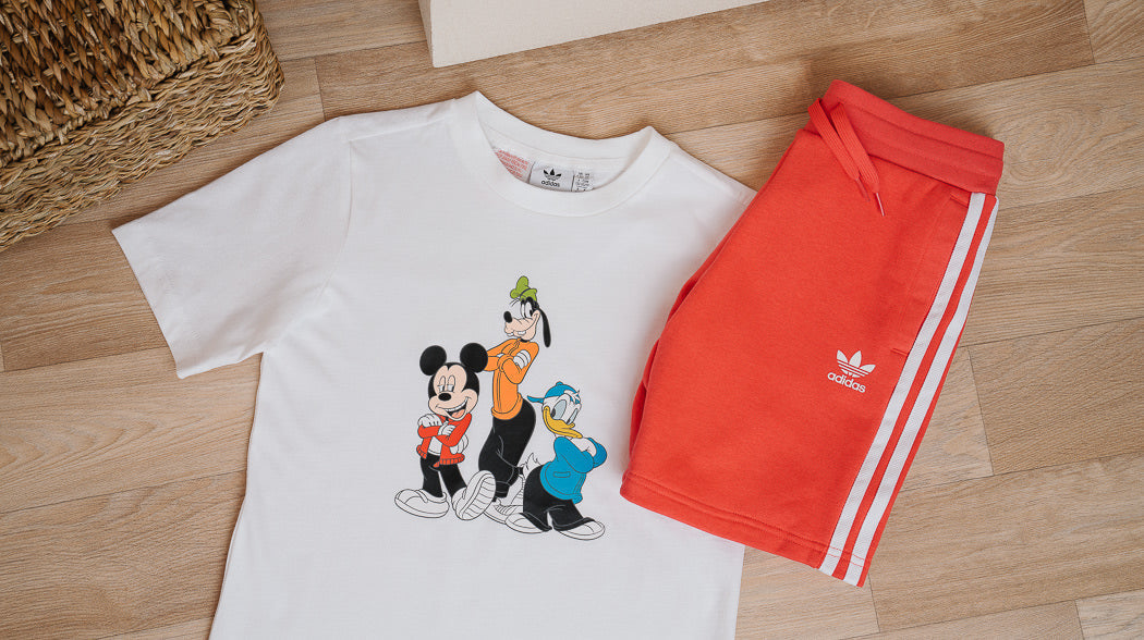 Kids' Mickey Mouse and friends t-shirt and shorts set by Adidas and Disney collaboration, perfect for playtime or outings.