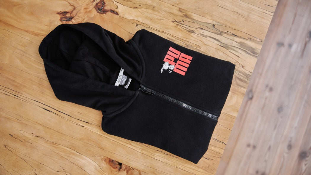 Black hoodie with red and white logo, perfect for kids' jacket apparel.