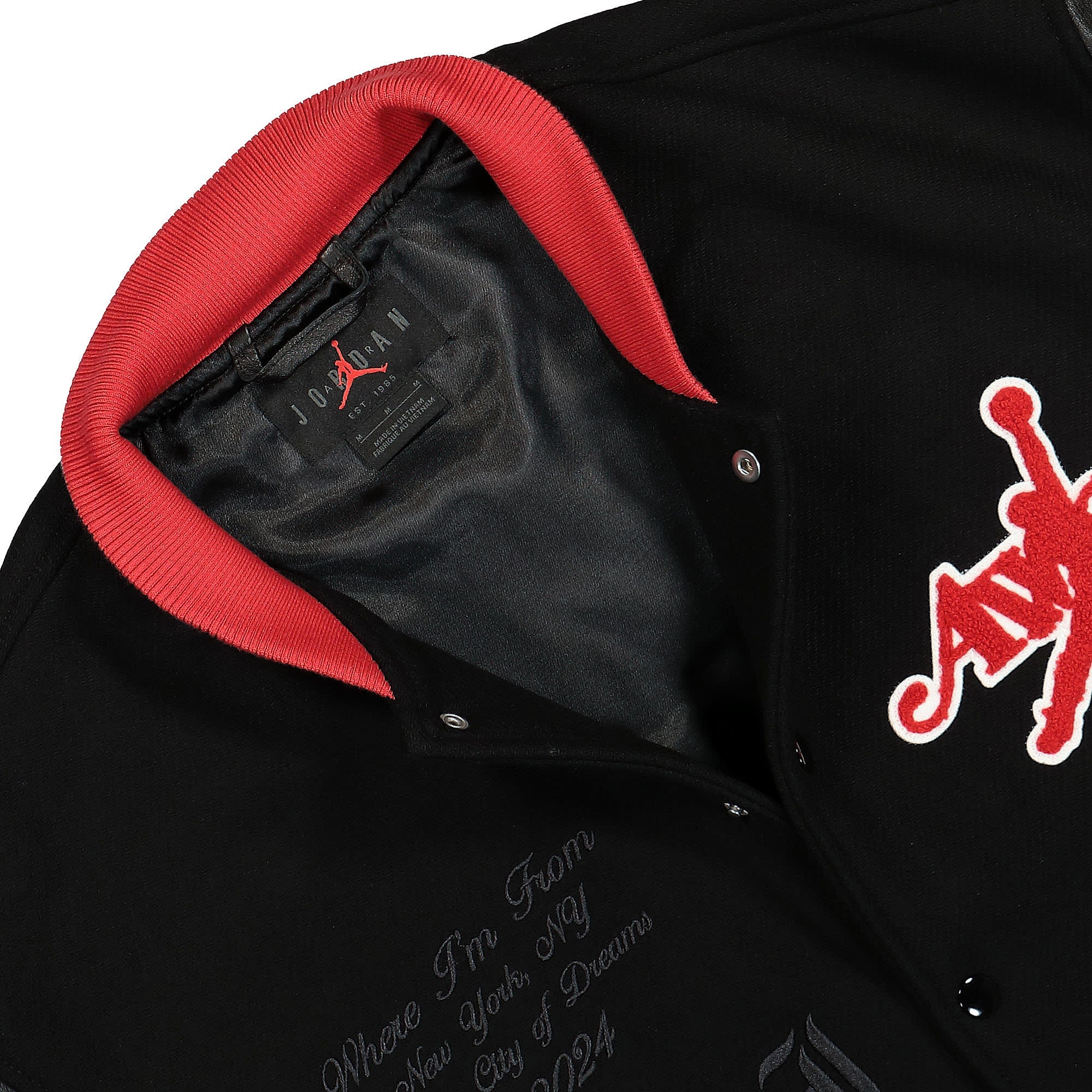 Red and black jordan varsity jacket on sale